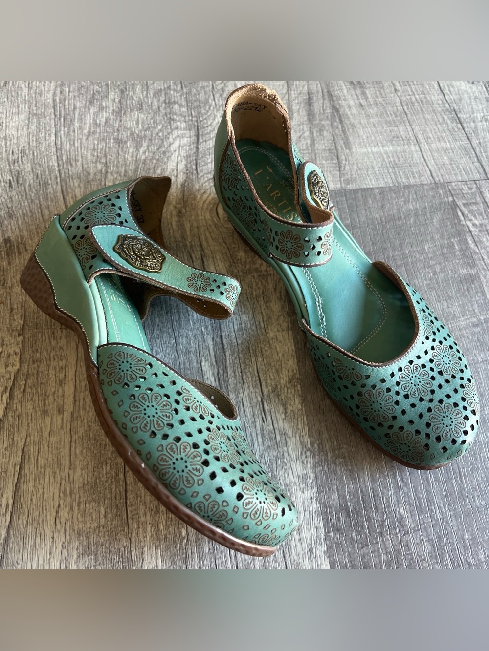 L'ATISTE Teal Perforated Leather Mary Jane Wedges